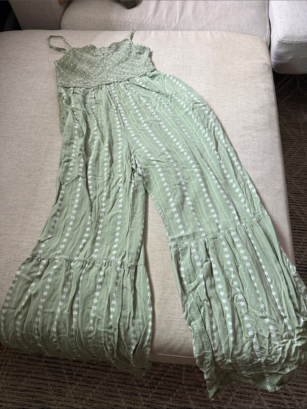 Sincerly Jules Sage Green Smocked Wide-Leg Jumpsuit with White Floral Stripe